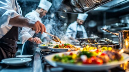 Fototapeta premium A chef is cooking food in a kitchen with other chefs