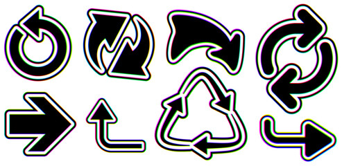 Collection of glitch-style arrows and recycling symbols with vibrant distortion. Vector illustration for tech and eco-themed designs.