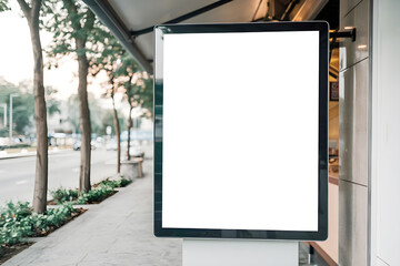 Blank billboards on a modern building exterior, street view with sunlight reflections, clean empty white signboard mockup beside the highway road next to resturant