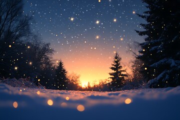 Fototapeta premium Snowy winter forest landscape at sunset with bokeh lights