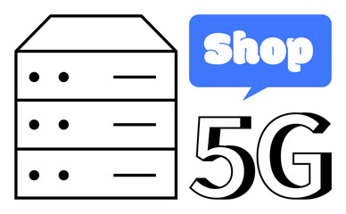 Server with multiple drawers outlined in black next to a blue speech bubble with the word Shop and bold black and white 5G text. Ideal for technology, communication, online shopping, web hosting