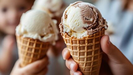 Two hands holding ice cream cones with chocolate and vanilla flavors.