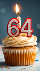 Birthday cupcake with burning lit candle with number 64. Number sixty-four for sixty-four years or sixty-fourth anniversary.