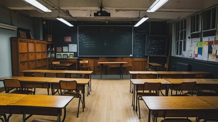 Quiet classroom with neatly organized desks and a chalkboard, leaving room for copy.