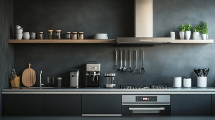 Sleek modern kitchen with high-end appliances and clean countertops, leaving space for text.