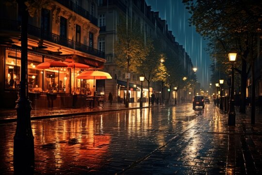 A rain storm night illuminated outdoors lighting.