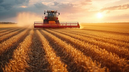 Obraz premium Modern Agricultural Harvesting: Farmer Using Technology in Vast Crop Fields