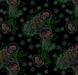 Naklejka premium seamless gentle vector paisley print with ethnic paisley and flowers pattern, allover composition. Detailed beautiful paisleys with floral motives in black and white.