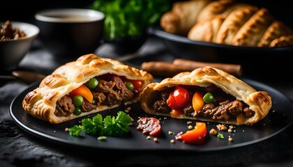 Traditional Cornish pasty filled with beef meat, potato and vegetables on black plate

