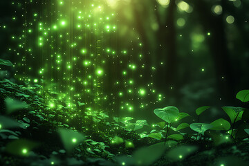 illustration featuring digital abstract technology with space for titles, layered over a forest background. Ideal for tech design concepts.	
