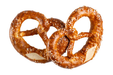 Two soft pretzel with salt isolated on white background.