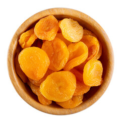 Dried apricots in wooden bowl isolated on white. Top view.