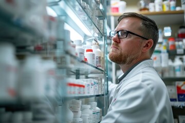 White poster scientist pharmacy glasses.