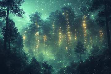 illustration featuring digital abstract technology with space for titles, layered over a forest background. Ideal for tech design concepts.	
