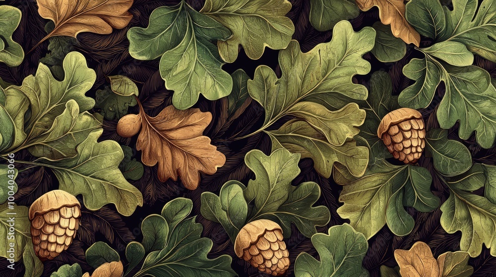 Wall mural hand-drawn oak leaves and acorns pattern in earthy brown and green tones detailed botanical illustra