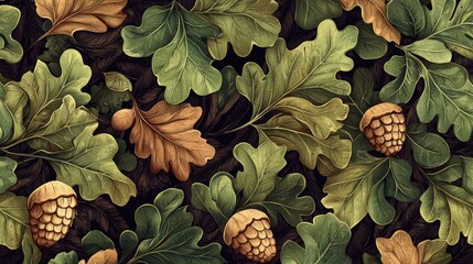 Fototapeta premium Hand-drawn oak leaves and acorns pattern in earthy brown and green tones Detailed botanical illustration with a repeating nature theme