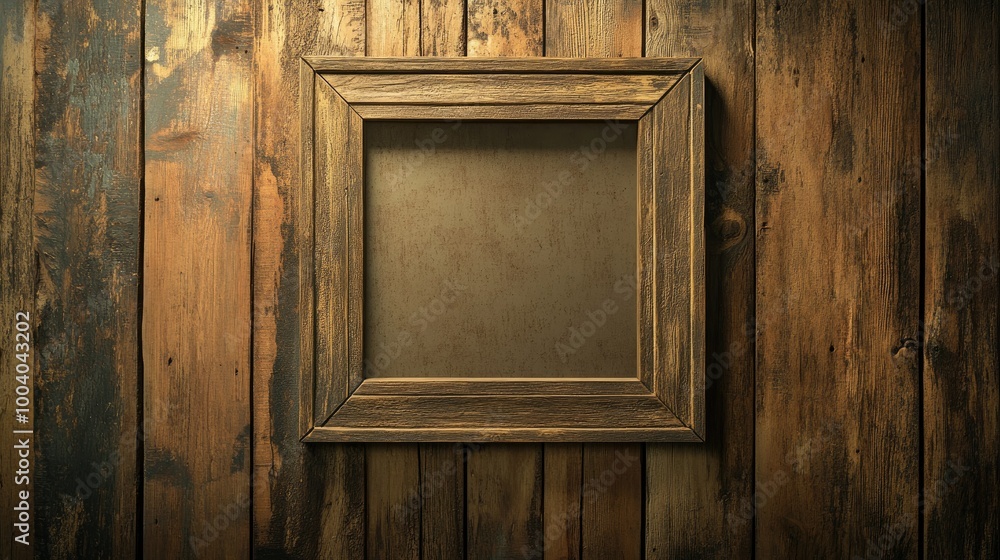 Poster an empty square frame on a wooden panel wall, framed by ample copy space for a message or creative l