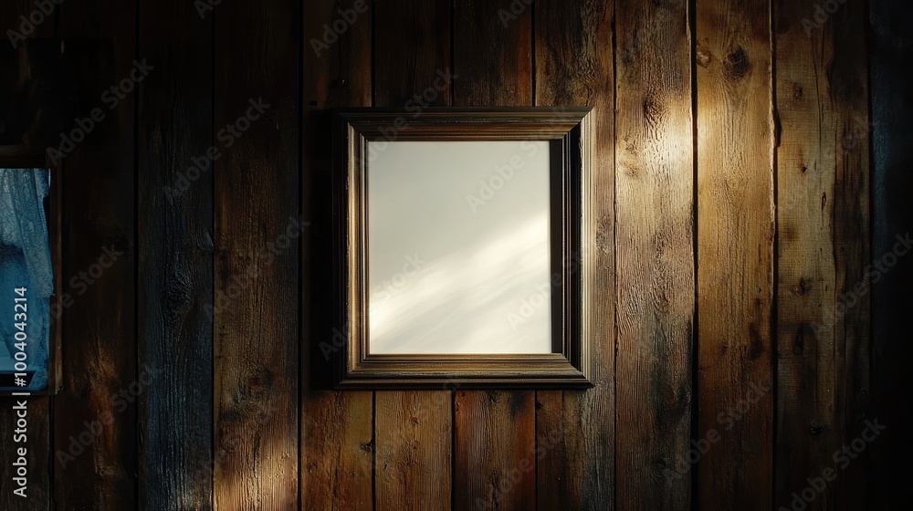 Poster an empty square frame on a wooden panel wall, framed by ample copy space for a message or creative l