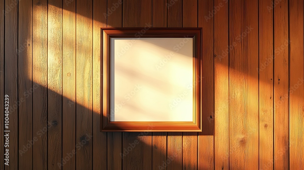 Poster an empty square frame on a wooden panel wall, framed by ample copy space for a message or creative l