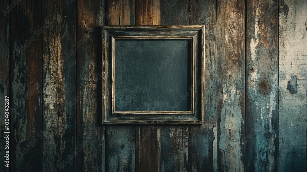 Poster an empty square frame on a wooden panel wall, framed by ample copy space for a message or creative l