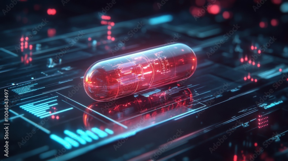Poster A translucent red capsule rests on a high-tech surface filled with glowing circuits and data displays. The vibrant colors and intricate patterns suggest advanced technology in a laboratory setting.