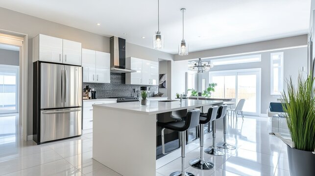 Clean, open-plan modern kitchen with sleek appliances and neutral decor, leaving room for text. - Powered by Adobe