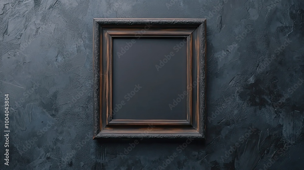 Aufkleber close-up of an empty square frame on a dark gray wall with abundant copy space for customization.