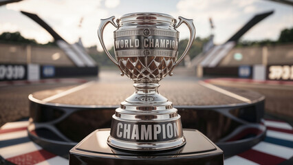 Car Race championship trophy on podium with blurred circuit background