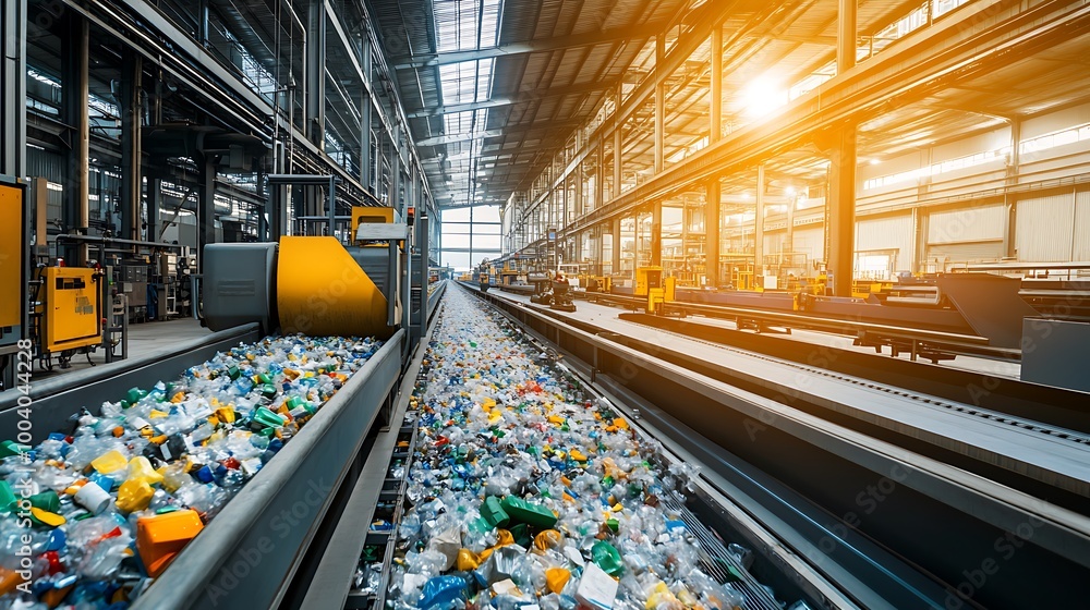 Poster a modern recycling facility with advanced sorting and processing technologies.