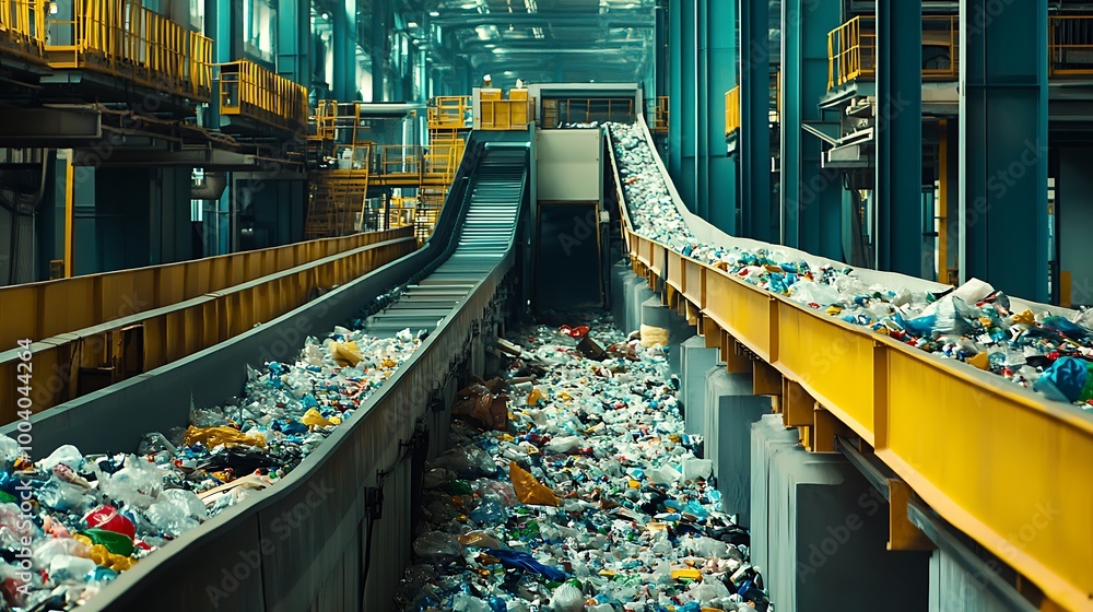 Poster a modern recycling facility with advanced sorting and processing technologies.