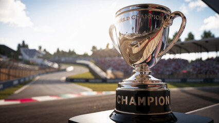 Car Race championship trophy on podium with blurred circuit background