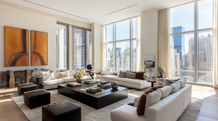 Fototapeta premium Contemporary living room with sleek furniture and large windows, leaving ample space for copy.
