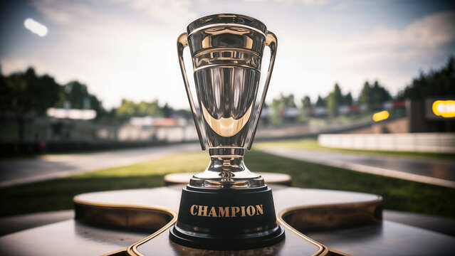 Car Race championship trophy on podium with blurred circuit background