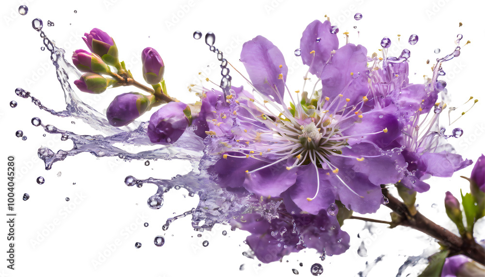 Wall mural purple flower on a branch Splash on a white isolated background. Generative AI.