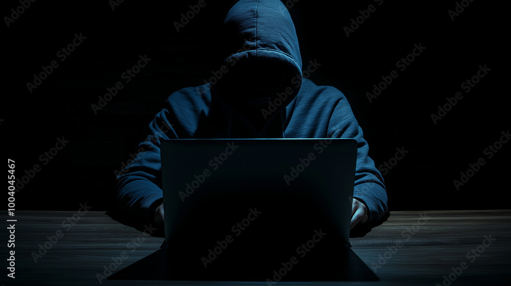 Poster Hacker is using a laptop in a dark room