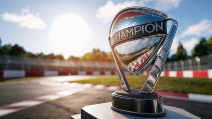 Car Race championship trophy on podium with blurred circuit background