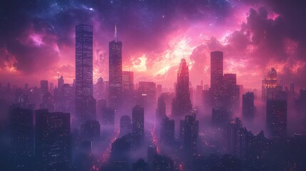 Obraz premium a sprawling cyber city pulsates with neon lights and towering skyscrapers under a starry sky blending advanced technology and urban life in a captivating futuristic setting