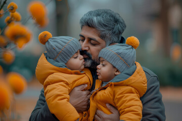 Fototapeta premium An affectionate young Indian father kisses his children in a blurred outdoor background
