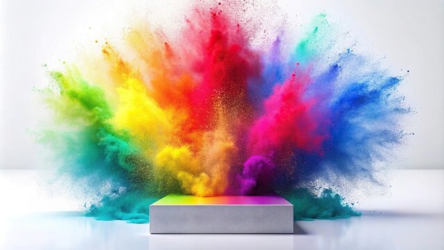 Wide-Angle Podium with rainbow color powder chalk explosion in the background isolated on white