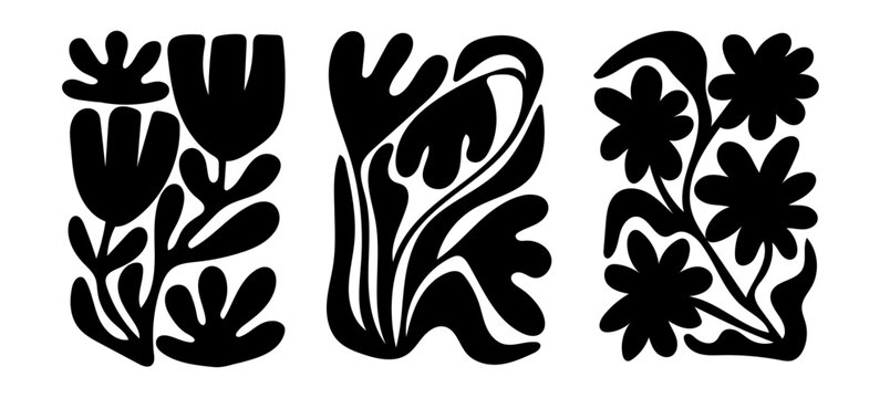 Set of groovy floral botanical black background in trendy naive retro hippie 60s 70s style. Vertical poster with silhouette abstract wavy flower