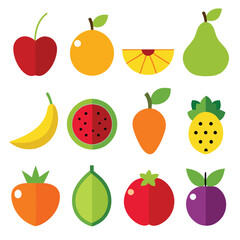 Set of colorful cartoon fruit vector icons with bold outlines and bright colors for food designs.
Playful fruit vector icon set in cartoon style featuring strawberry, apple, kiwi, and more.