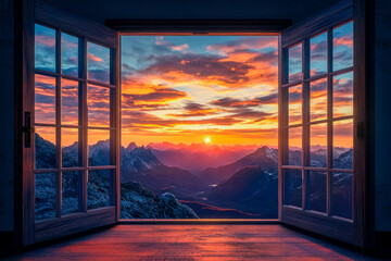 An open window with a view of the beautiful sunset on a mountains. © graja