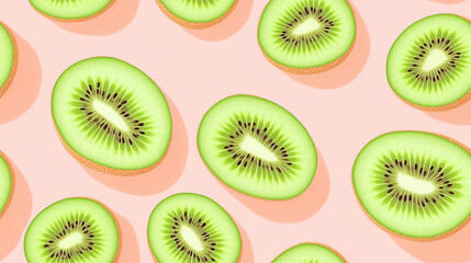 Fototapeta premium Pattern of juicy kiwi slices on a pastel pink background