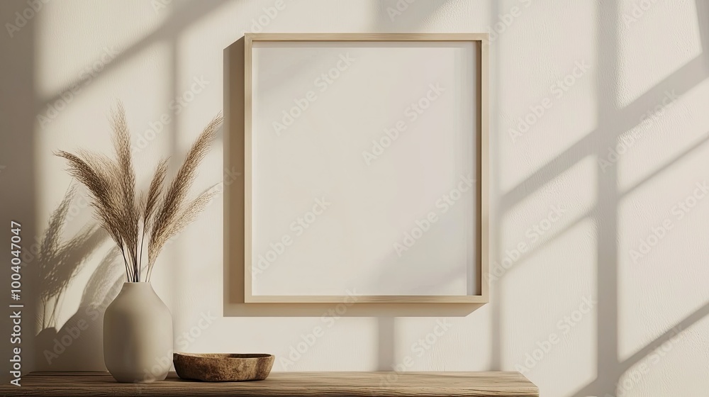 Poster minimalistic square frame on a neutral wall, perfect for text overlays or design inserts with ample 
