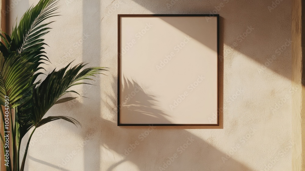 Poster minimalistic square frame on a neutral wall, perfect for text overlays or design inserts with ample 