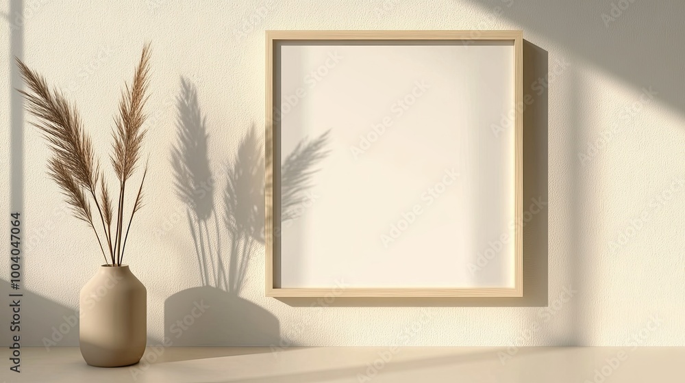 Poster Minimalistic square frame on a neutral wall, perfect for text overlays or design inserts with ample copy space.