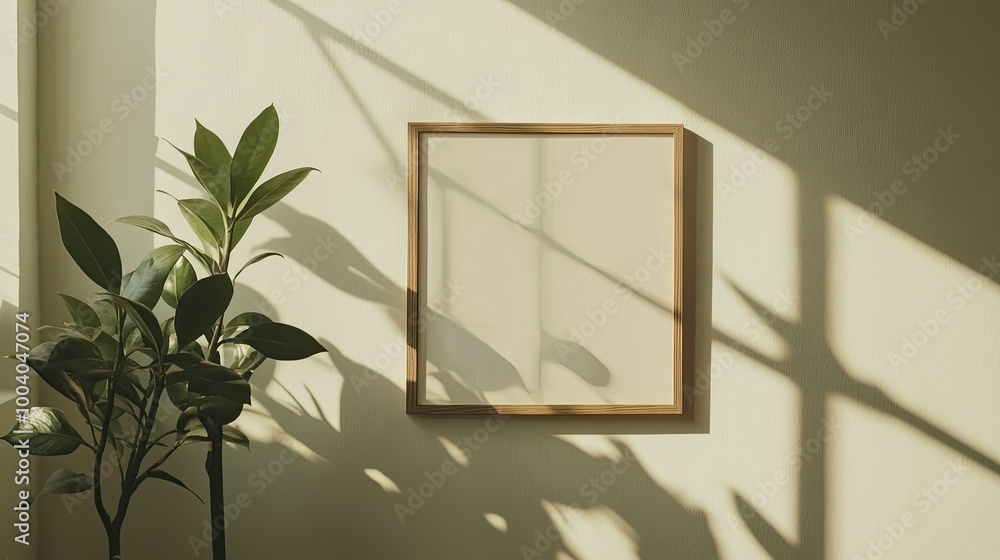 Poster minimalistic square frame on a neutral wall, perfect for text overlays or design inserts with ample 