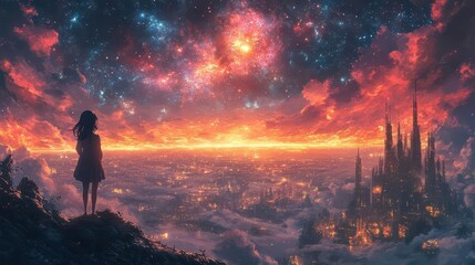 Fototapeta premium a stunning anime girl gazing at the universe surrounded by cosmic elements and futuristic technology rendered in vibrant colors that evoke a sense of wonder and adventure in a scifi setting