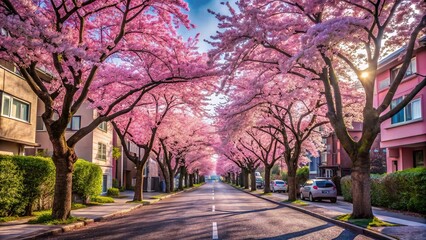 Fototapeta premium Wide-angle shot of a street with a pink cherry blossom tree
