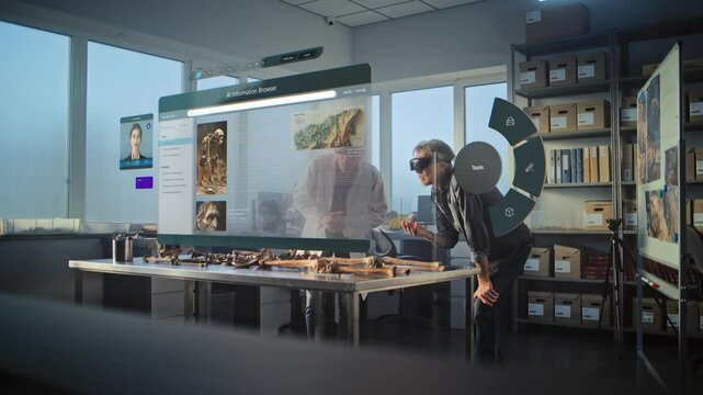 Advanced archaeological lab: Two archaeologists in VR headsets study ancient human skeleton using augmented reality. 3D graphics of holographic display with AI assistant and information web browser.
